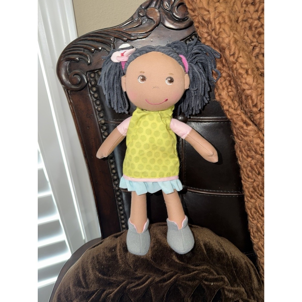 HABA Cari 12" Soft Smiling Doll Brown Eyes Black Hair Pigtail Pink Body-
